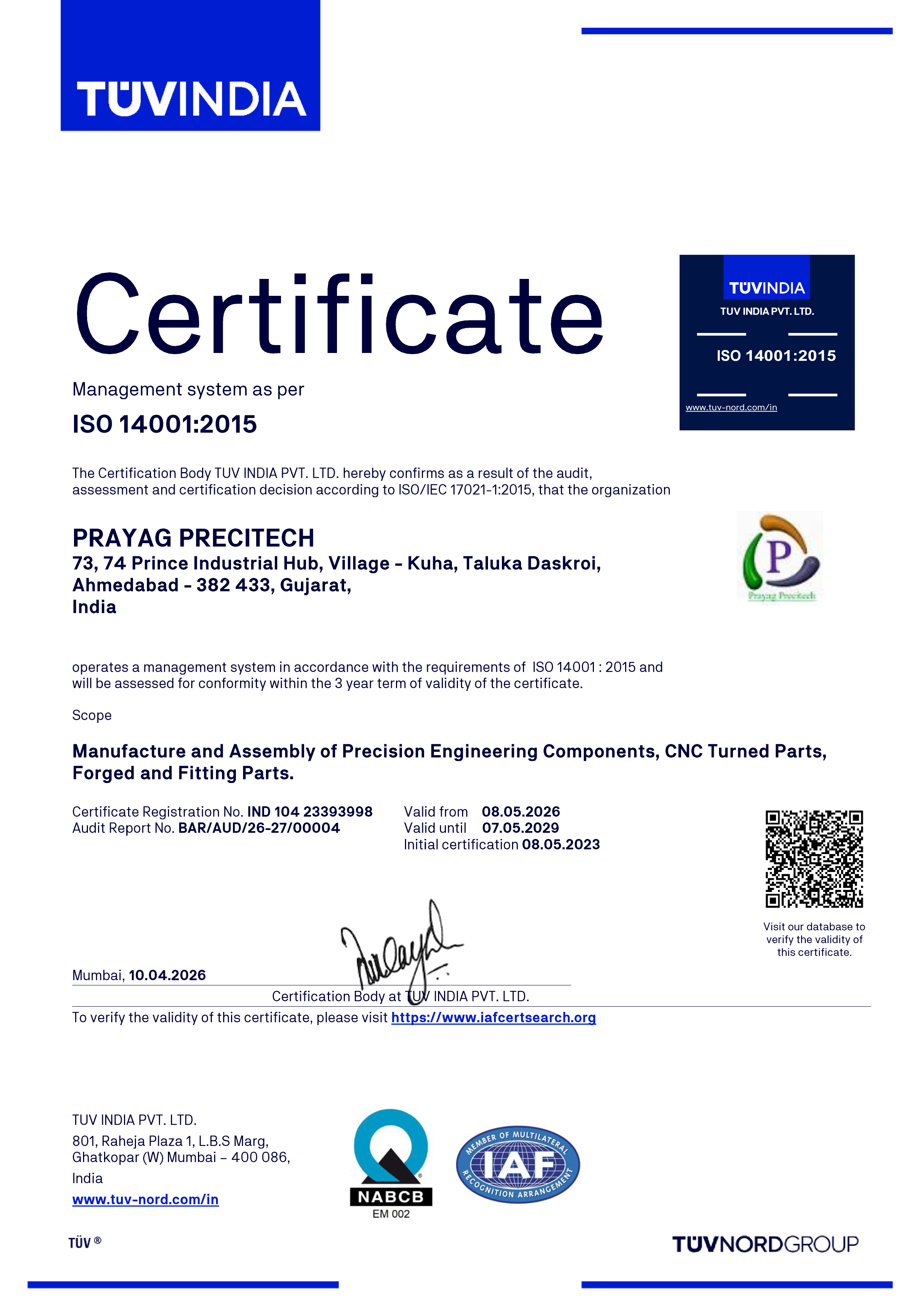 Prayag Precitech Certificate 14001:2015