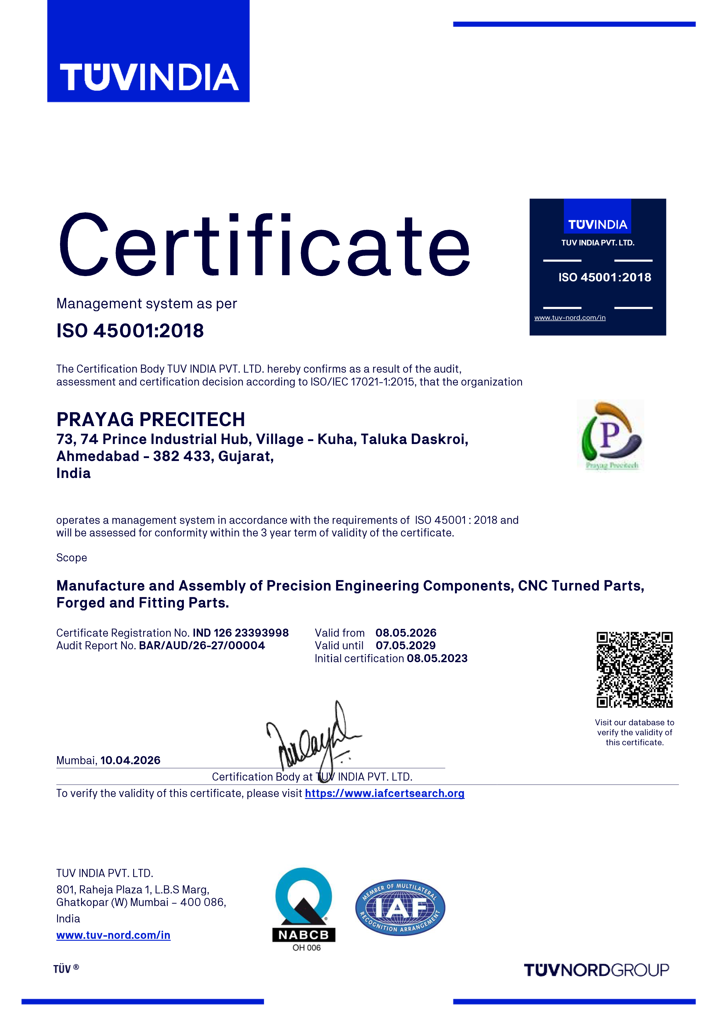 Prayag Precitech Certificate 45001:2018