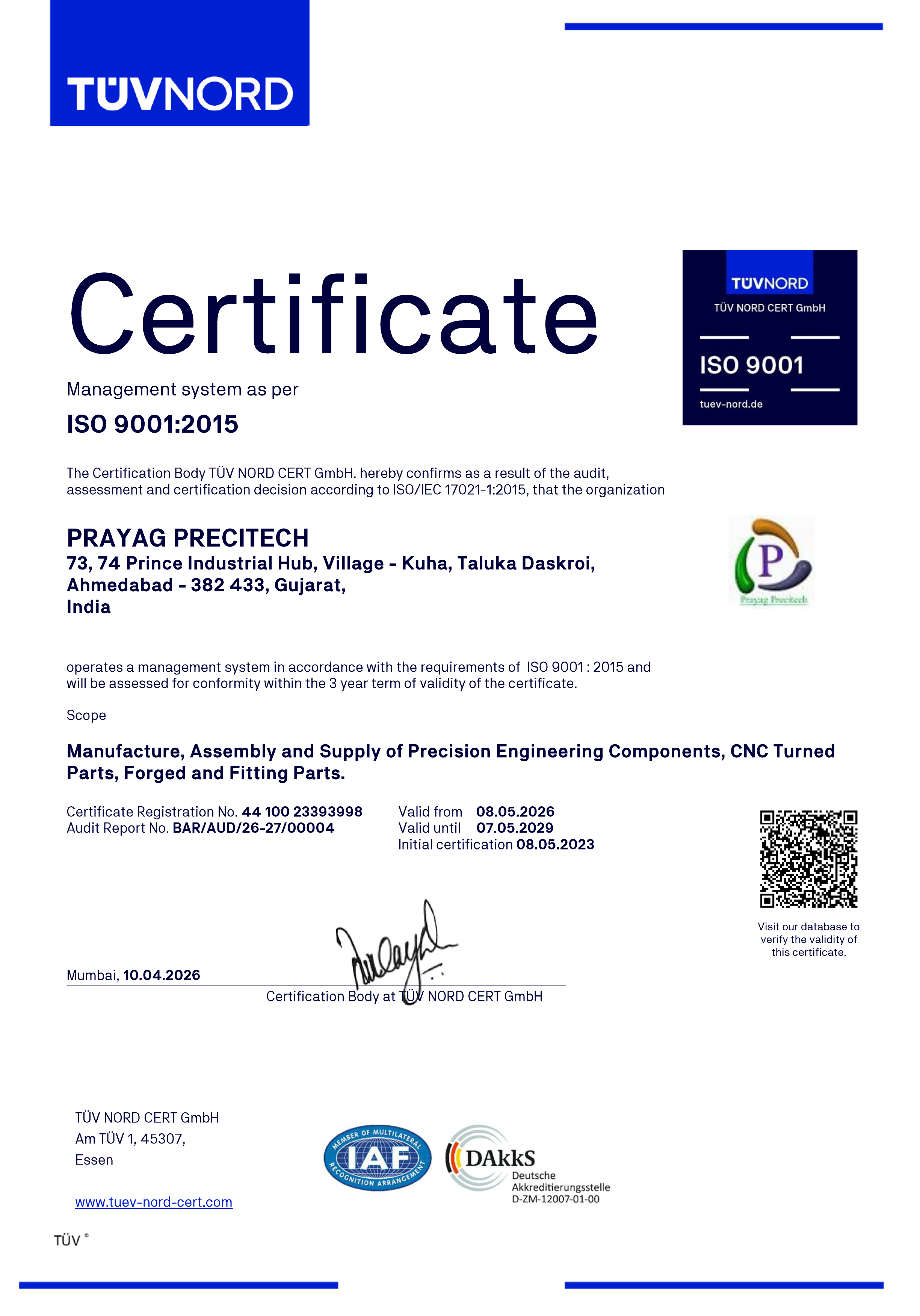 Prayag Precitech Certificate 9001:2015